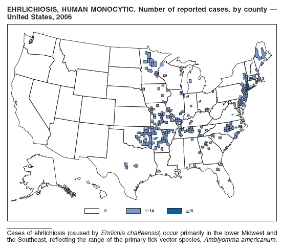 EHRLICHIOSIS, HUMAN MONOCYTIC. Number of reported cases, by county —
United States, 2006