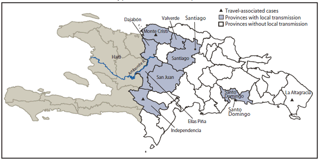 The figure shows confirmed cholera cases (N = 59), by province in the Dominican Republic in 2010. Three confirmed cases were attributed to importation from Haiti, one each in the provinces of La Altagracia, Independencia and Monte Cristi. The remaining 56 confirmed cases, with no known association with travel from Haiti, have been attributed to local transmission.