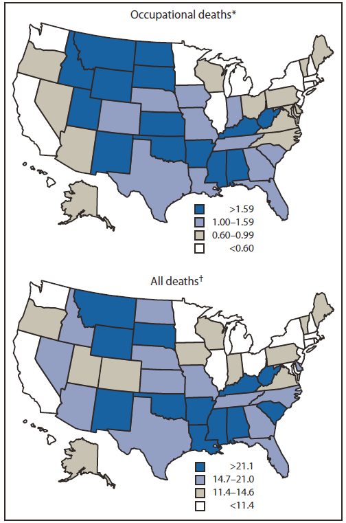 The figure shows fatality rates for occupational highway transportation deaths and all highway transportation deaths in the United States, from 2003-2008. Occupational highway transportation fatality rates var¬ied geographically during this 6-year period.