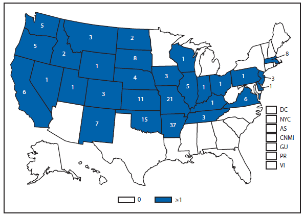 This figure is a map of the United States and U.S. territories that presents the number of tularemia cases in each state and territory in 2011.