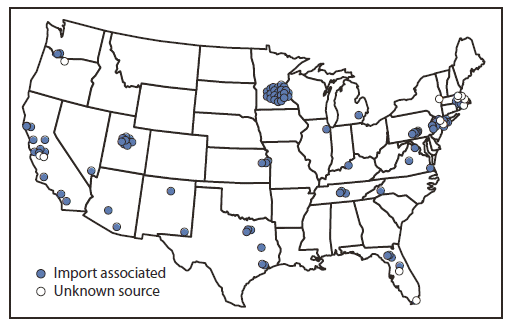 The figure shows the distribution and origin of reported measles cases (N = 118) in the United States during January 1-May 20, 2011.