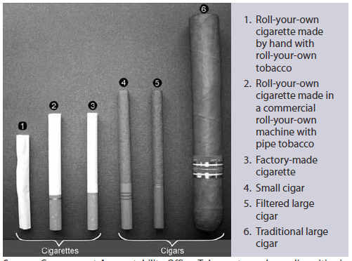 The figure shows physical differences between combustible tobacco products in the United States.