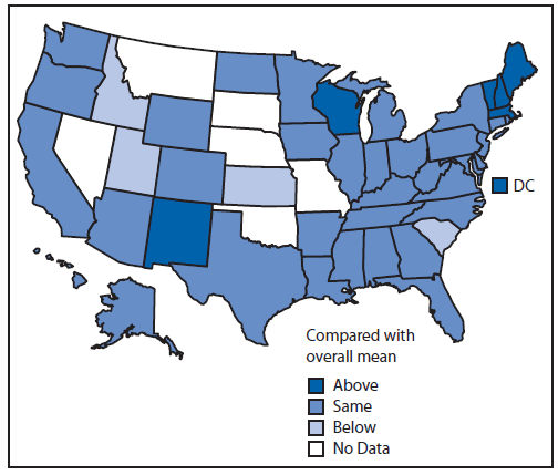 The figure shows age-adjusted prevalence of ever discussing alcohol use with a doctor or other health professional among U.S. adults, in comparison with overall mean estimate for 44 states and the District of Columbia, during August 1- December 31, 2011. Overall, state-based estimates of ever having communication by a health professional about alcohol ranged from 8.7% in Kansas to 25.5% in DC, with the highest concentration in the northeastern states and lowest in the middle southern states. However, most state prevalence estimates were not significantly different from the overall mean prevalence for all participating states.