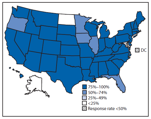 The figure above is a map of the United States showing the percentage of public schools with early school start times (before 8:30 a.m.), by state, during the 2011-12 school year.