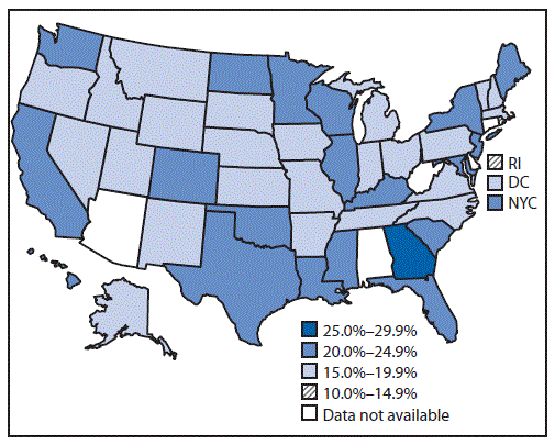 The figure above is a map of the United States showing the prevalence of inadequate gestational weight gain for 46 states, New York City, and District of Columbia during 2012–2013.