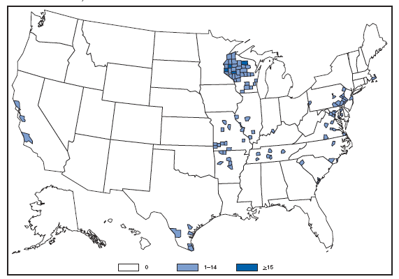 Ehrlichiosis, Human (other & unspecified). Number of reported cases, by county --- United States, 2007