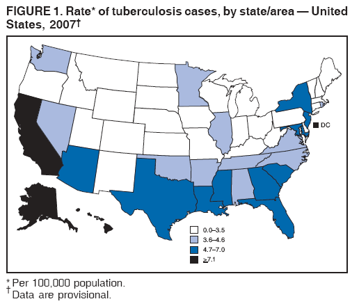 FIGURE 1. Rate* of tuberculosis cases, by state/area — United
States, 2007†