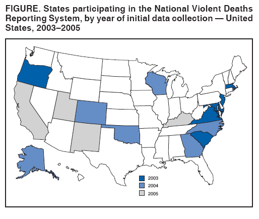 FIGURE. States participating in the National Violent Deaths
Reporting System, by year of initial data collection — United
States, 2003–2005