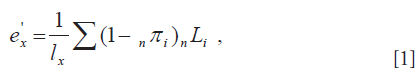 The first equation is used to determine the remaining years of life that are free of limitations caused by chronic conditions where ex is the remaining years free of activity limitation due to chronic conditions for persons who have reached age x; lx is the number of survivors at age x; (1 - nπx) represents the age-specific health state free of activity limitations due to chronic conditions; nLx is the total number of years lived by a cohort in the age interval (x, x+n); and ω is the oldest age category.