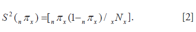 The second equation presents how the variance and standard errors of estimated years free of activity limitation are calculated where where nNx is the number of persons in the interval (x, x+n) of the sample from which the prevalence rates were computed. 