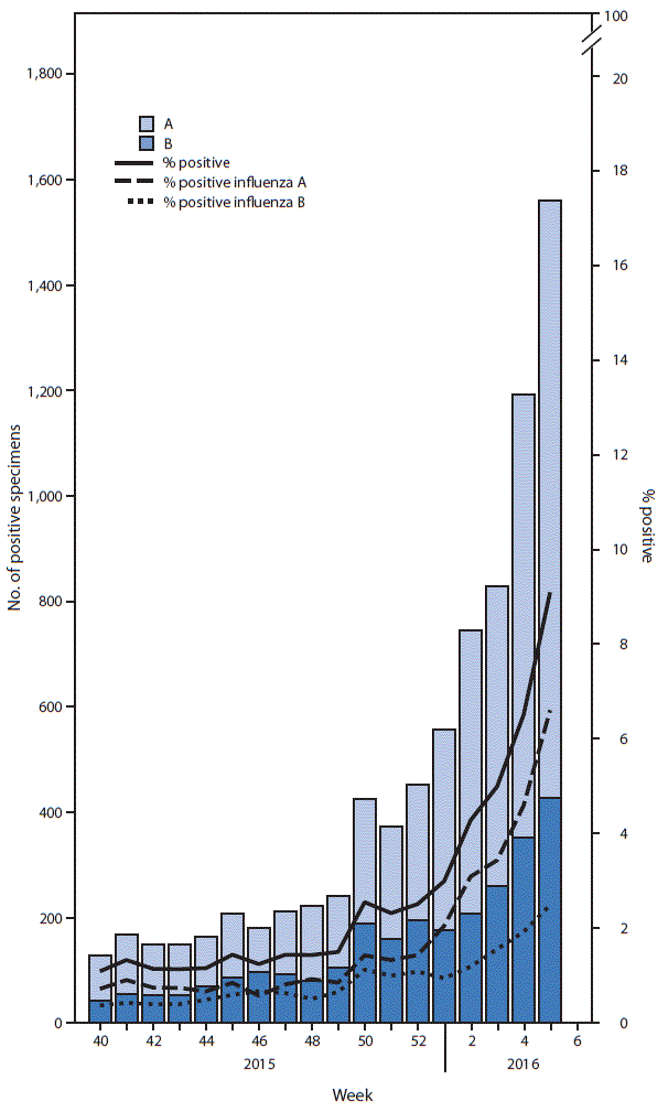 The figure above is a bar chart showing the number and percentage of respiratory specimens testing positive for influenza reported by clinical laboratories, by influenza virus type and surveillance week, in the United States during October 4, 2015–February 6, 2016.