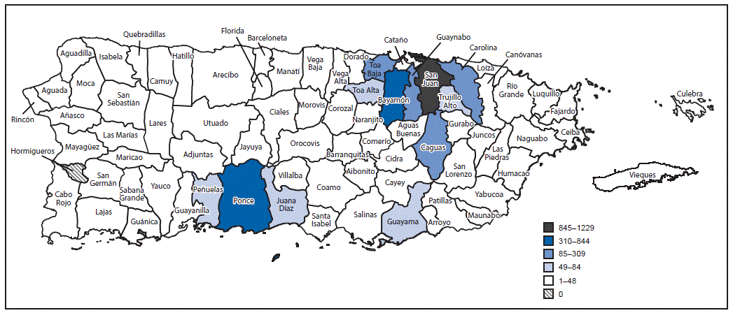 The figure above is a map of Puerto Rico showing the municipality of residence of persons with confirmed and presumptive Zika virus infection (n = 4,986) during November 1, 2015âJuly 7, 2016.