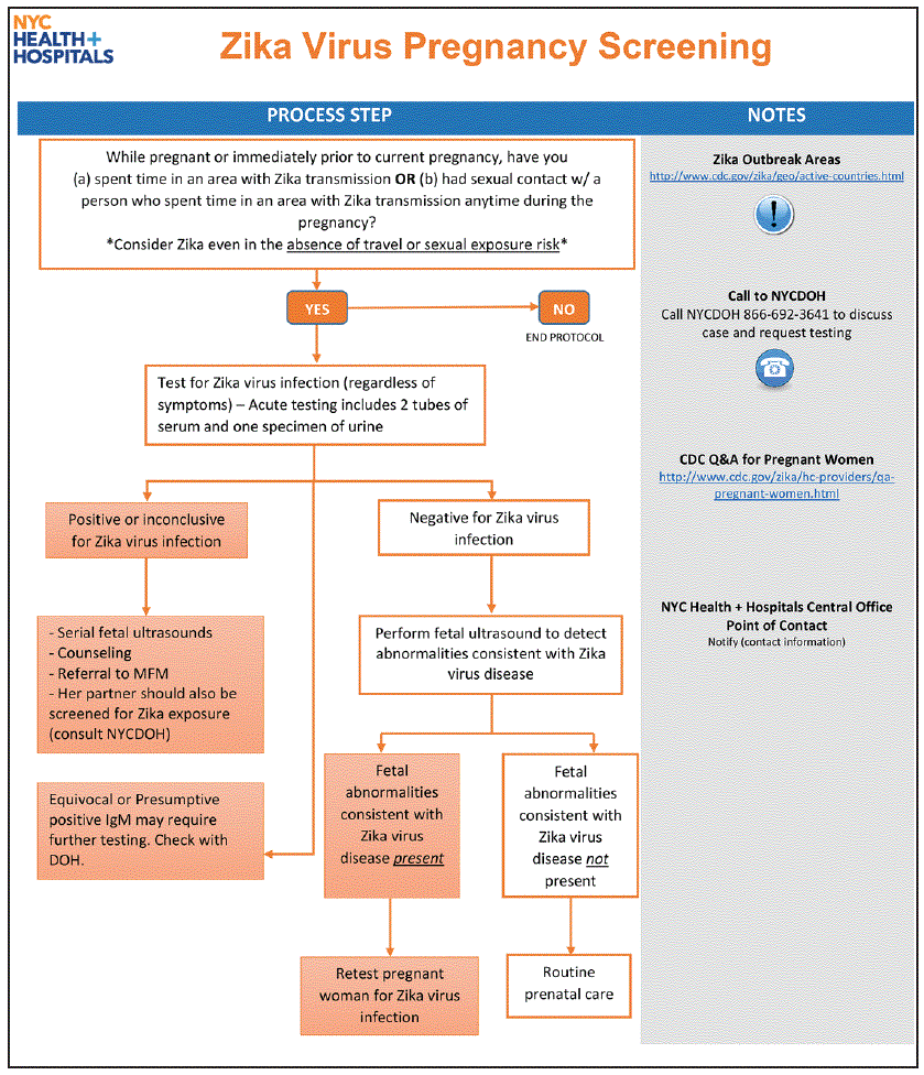 The figure above is a Zika-specific job aid that references Zika virus pregnancy screening protocol used by NYC Health + Hospitals during 2016.