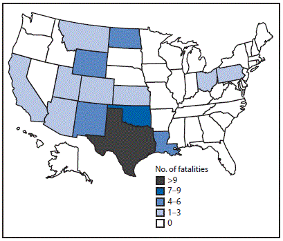 The figure above is a map of the United States showing the fatalities resulting from falls in the oil and gas extraction industry, by state, during 2005â2014.