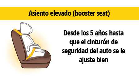 Asiento elevado (booster seat). Desde los 5 años hasta que el cinturón de seguridad del auto se le ajuste bien.