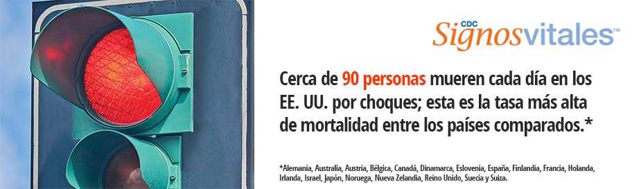 CDC Signos Vitales. Cerca de 90 personas mueren cada día en los EE. UU. por choques; esta es la tasa más alta de mortalidad entre los países comparados.* *Alemania, Australia, Austria, Bélgica, Canadá, Dinamarca, Eslovenia, España, Finlandia, Francia, Holanda, Irlanda, Israel, Japón, Noruega, Nueva Zelandia, Reino Unido, Suecia y Suiza.