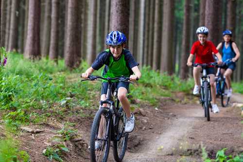 Three kids riding bikes on a dirt road