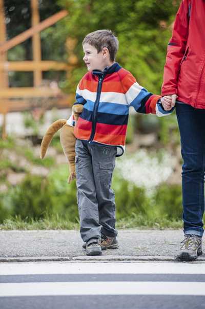 A boy holding his caregivers hand in the crosswalk