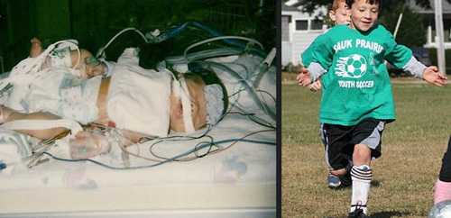 Nicholas in the hospital and playing soccer