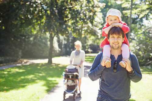 Dad with toddler on shoulders. Mom pushing stroller in background.