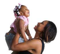 Mother holding her daughter above her head