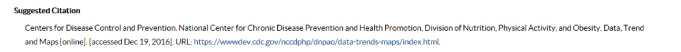 	Screen capture of new Data, Trends, and Maps Suggested Citation section. The Suggested Citation section provides citation information for the data displayed on the page.