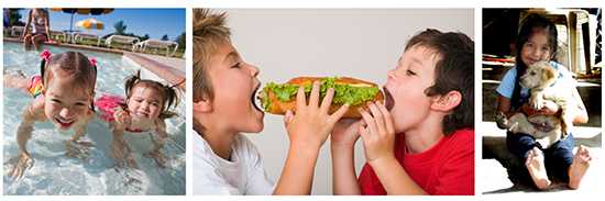 Photo collage: two girls in a swimming pool, two boys sharing a large sandwich, native american girl with puppy.