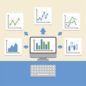 graphic shows desktop computer and several screens depicting representations of charts and graphs 