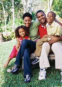 Family sitting at a picnic table in a park