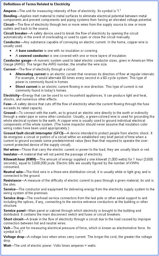 Text Box: Definitions of Terms Related to Electricity

Ampere—The unit for measuring intensity of flow of electricity. Its symbol is “I.”
Bonding—Applies inert material to metal surfaces to eliminate electrical potential between metal components and prevent components and piping systems from having an elevated voltage potential. 
Circuit—The flow of electricity through two or more wires from the supply source to one or more outlets and back to the source.
Circuit breaker—A safety device used to break the flow of electricity by opening the circuit automatically in the event of overloading or used to open or close the circuit manually.
Conductor—Any substance capable of conveying an electric current. In the home, copper wire is usually used.
	A bare conductor is one with no insulation or covering.
	A covered conductor is one covered with one or more layers of insulation.
Conductor gauge—A numeric system used to label electric conductor sizes, given in American Wire Gauge (AWG). The larger the AWG number, the smaller the wire size.
Current—The flow of electricity through a circuit. 
	Alternating current is an electric current that reverses its direction of flow at regular intervals. For example, it would alternate 60 times every second in a 60-cycle system. This type of power is commonly found in homes.
	Direct current is an electric current flowing in one direction. This type of current is not commonly found in today’s homes.
Electricity—Energy that can be used to run household appliances; it can produce light and heat, shocks, and numerous other effects.
Fuse—A safety device that cuts off the flow of electricity when the current flowing through the fuse exceeds its rated capacity.
Ground—To connect with the earth, as to ground an electric wire directly to the earth or indirectly through a water pipe or some other conductor. Usually, a green-colored wire is used for grounding the whole electrical system to the earth. A copper wire is usually used to ground individual electrical components of the whole system. (The home inspector should never assume that insulation color wiring codes have been used appropriately.)
Ground fault circuit interrupter (GFCI)—A device intended to protect people from electric shock. It de-energizes a circuit or portion of a circuit within an established very brief period of time when a current to ground exceeds some predetermined value (less than that required to operate the over-current protected device of the supply circuit).
Hot wires—Those that carry the electric current or power to the load; they are usually black or red.
Insulator—A material that will not permit the passage of electricity.
Kilowatt-hour (KWH)—The amount of energy supplied y one kilowatt (1,000 watts) for 1 hour (3,600 seconds), equal to 3,600,000 joule. Electric bills are usually figured by the number of KWHs consumed.
Neutral wire—The third wire in a three-wire distribution circuit; it is usually white or light gray and is connected to the ground.
Resistance—A measure of the difficulty of electric current to pass through a given material; its unit is the ohm.
Service—The conductor and equipment for delivering energy from the electricity supply system to the wiring system of the premises.
Service drop—The overhead service connectors from the last pole or other aerial support to and including the splices, if any, connecting to the service entrance conductors at the building or other structure.
Service panel—Main panel or cabinet through which electricity is brought to the building and distributed. It contains the main disconnect switch and fuses or circuit breakers.
Short circuit—A break in the flow of electricity through a circuit due to the load caused by improper connection between hot and neutral wires. 
Volt—The unit for measuring electrical pressure of force, which is known as electromotive force. Its symbol is E.”
Voltage drop—A voltage loss when wires carry current. The longer the cord, the greater the voltage drop.
Watt—The unit of electric power. Volts times amperes = watts. 
