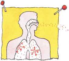 Illustration of radon entering the nose and mouth.