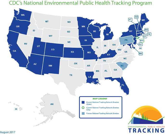 Map of CDC's National Environmental Public Health Tracking Program Grantees - August 2017: Arizona, California, Colorado, Connecticut, Florida, Iowa, Kansas, Kentucky, Louisiana, Maine, Maryland, Massachusetts, Michigan, Minnesota, Missouri, New Hampshire, New Jersey, New Mexico, New York, New York City, Oregon, Rhode Island, Utah, Vermont, Washington, Wisconsin ::Former Grantees: Pennsylvania, South Carolina