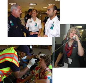 Collection of three images: Three quarantine station workers talking, Man wearing a mask examining a passenger in an airport, flight attendant making an announcement on an airplane