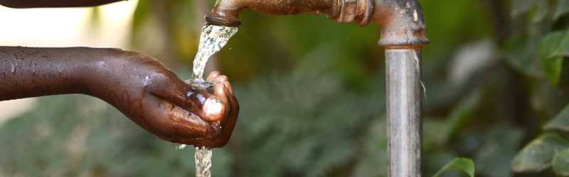 A hand reaching under a water faucet pouring water. The greenery in the background indicates the faucet is outside.