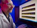 Scientist looking at a computer screen showing colorful lines that represent a pathogen's dna sequence.