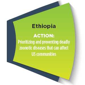 Section of a wheel with words - Ethiopia ACTION: Prioritizing and preventing deadly zoonotic diseases that can affect US communities