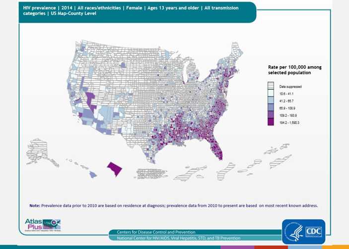 At the end of 2013, the estimated rate was 167.7 for adult and adolescent females. County-level data can illustrate patterns of persons living with HIV infection within states, as well as cross-state patterns and networks affecting public health. As seen in the map, the highest rates are in southeastern and northeastern regions of the United States. As seen in the bar graph, rates were highest in blacks/African Americans.