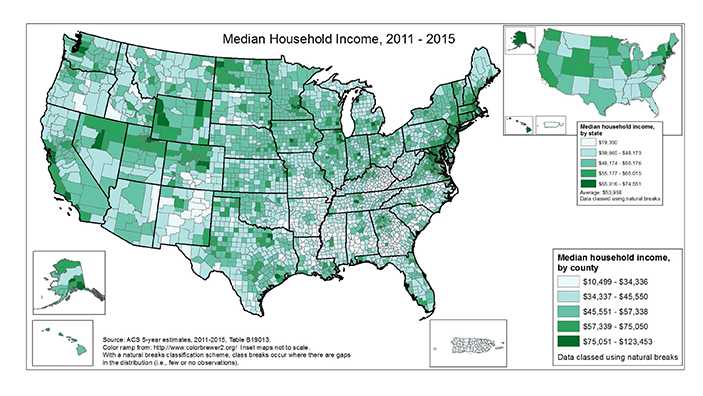 This is a map of poverty rates by US county (or equivalent) in 2014. The data are grouped into 5 classes, using natural breaks. The range is from 3.2% to 52.2%. Generally speaking, the highest percentages are found in the southern half of the US, as well as several counties in the Dakotas, and the lowest percentages in the midwest and northeast