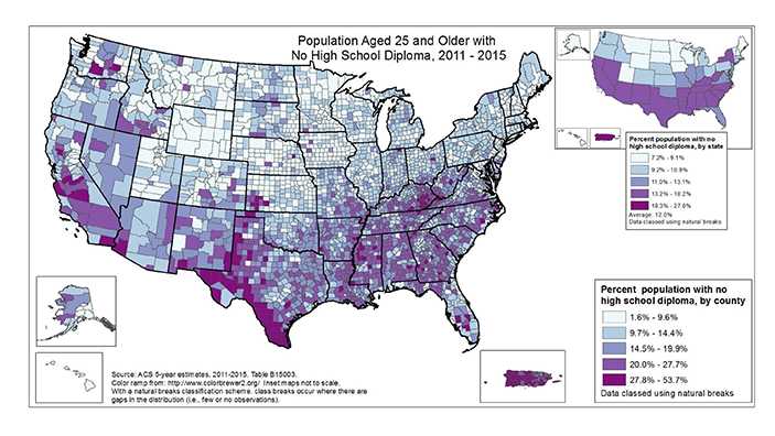 This is a map of median household (HH) income, by US county (or equivalent) in 2014. The data are grouped into 5 classes, using natural breaks. The range is from $10,550 to $123,966. Generally speaking, the highest median HH incomes are found in the northeast and west, and the lowest median HH incomes are seen in Puerto Rico and parts of the south and southwest