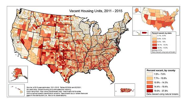 This is a map of percent of the population aged 25 and older with no high school diploma, by US county (or equivalent) in 2014. The data are grouped into 5 classes, using natural breaks. The range is from 1.3% to 53.3%. Generally speaking, the areas where approximately 20% of the population aged 25 and over have no high school diploma are in southern California, the Texas border counties, and the rural southeastern US