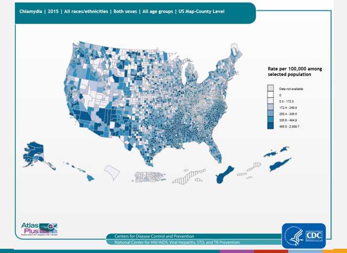 Description: Trends in rates of reported cases of chlamydia are influenced by changes in incidence of infection, as well as changes in diagnostic, screening, and reporting practices. As chlamydial infections are usually asymptomatic, the number of infections identified and reported can increase as more people are screened even when incidence is flat or decreasing.  Women and infants disproportionately bear the long-term consequences of STDs. Women infected with C. trachomatis or N. gonorrhoeae can develop pelvic inflammatory disease, which, in turn, can lead to reproductive system morbidity such as ectopic pregnancy and tubal factor infertility. As seen in the map, the highest rates of reported chlamydia among women in 2014 are in the south. As seen in the bar graph, rates of reported chlamydia are highest in 15 to 19 year-olds and 20 to 24 year-olds