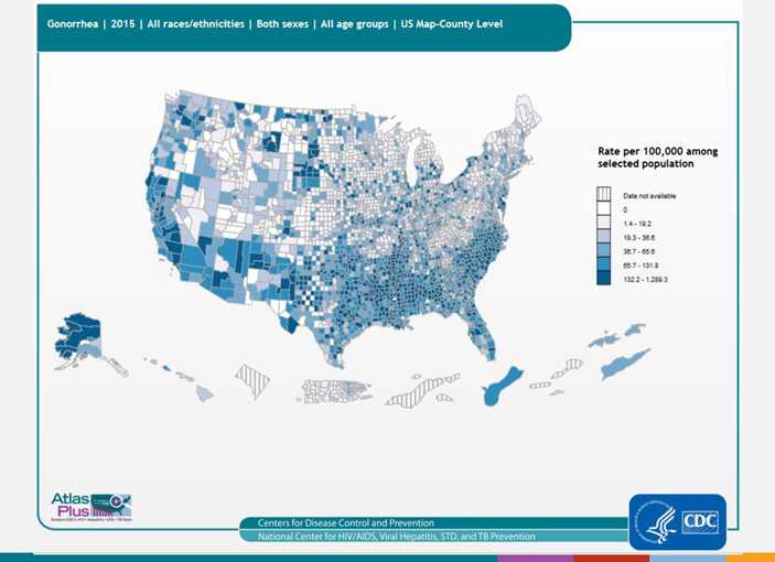 Description: Trends in rates of reported cases of chlamydia are influenced by changes in incidence of infection, as well as changes in diagnostic, screening, and reporting practices. As chlamydial infections are usually asymptomatic, the number of infections identified and reported can increase as more people are screened even when incidence is flat or decreasing. As seen in the map, the highest rates of reported chlamydia in 2014 are in many counties of the US, as well as Guam and the US Virgin Islands. As seen in the bar graph, rates of reported chlamydia are higher in blacks/African Americans than other races/ethnicities.For more information: https://www.cdc.gov/std/chlamydia/default.htm