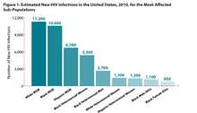 	This bar chart shows the number of new HIV infections in 2010 for the most-affected sub-populations. The most new infections occurred among white men who have sex with men, or MSM, (11,200) followed by black MSM (10,600), Hispanic MSM (6,700), black heterosexual women (5,300), black heterosexual men (2,700), white heterosexual women (1,300), Hispanic heterosexual women (1,200), black male injection drug users, or IDU, (1,100) and black female IDU (850).