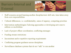 Barriers-Internal and External Staff concerns around learning another discipline/new skill sets; time taken away from core responsibilities Cultural differences; i.e. confidentiality, sense of urgency, competing priorities Intervention methodologies-Tailoring approaches or developing new ones to address co-morbidities Lack of project officer coordination; conflicting messages Funding stream restrictions Inconsistent and/or repetitive reporting requirements Conflicting program guidance across disciplines Surveillance database systems that do not “talk” to one another