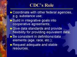 CDC’s Role Coordinate with other federal agencies, e.g. substance use; Build in integrative goals into cooperative agreements; Give data standards and provide flexibility for providing equivalent data; Be consistent in definitions/data elements (age, race, etc.); Request adequate and stable resources.