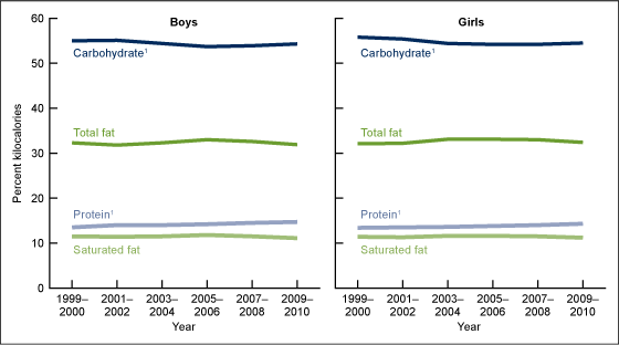 Figure 2 is a line graph showing the mean percentage of kilocalories from carbohydrate, protein, total, and saturated fat for every 2 years between 1999 through 2010 for children and adolescents aged 2-19, by sex.  