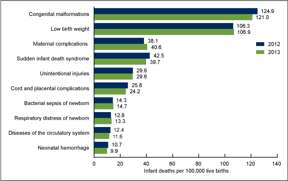 Figure 4 is a bar graph showing the mortality rates for the 10 leading causes of infant death in 2012 and 2013.