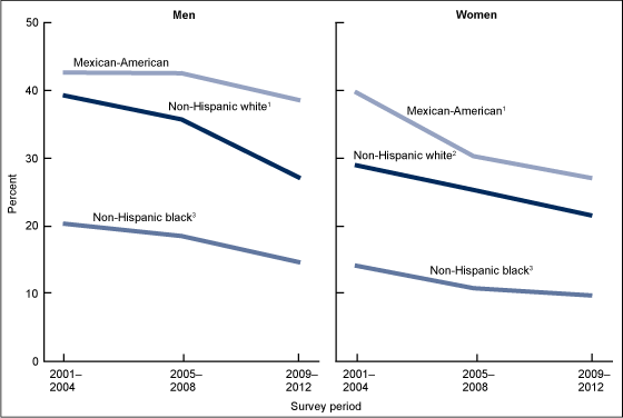 Figure 4 is a line graph of age-adjusted percentages of adults with elevated triglyceride by sex and race and ethnicity for 2001 through 2012.