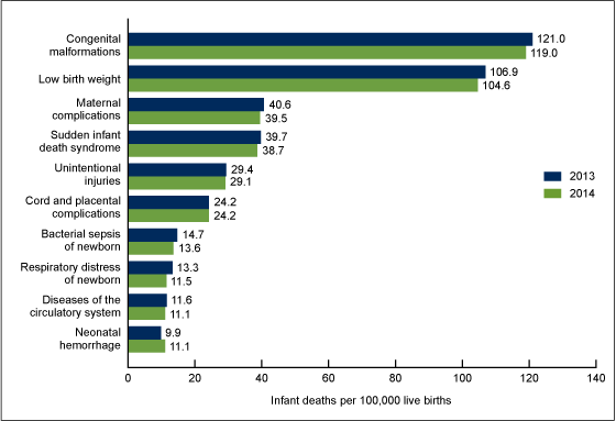 Figure 4 is a bar graph showing infant mortality rates for the 10 leading causes of infant death in the United States for 2013 and 2014.