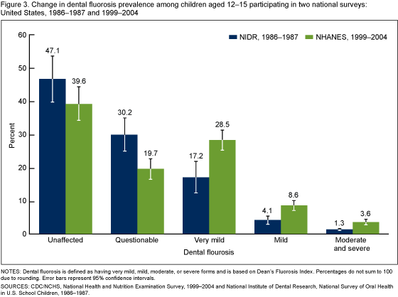 Figure 3 is a bar chart showing percentage of persons aged 6–49 in 1986–1987 and 1999–2004 by dental fluorosis status.